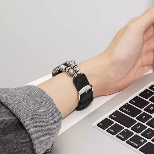 Japanese Style Black Leather and Lucky Bead Bands for Apple Watch